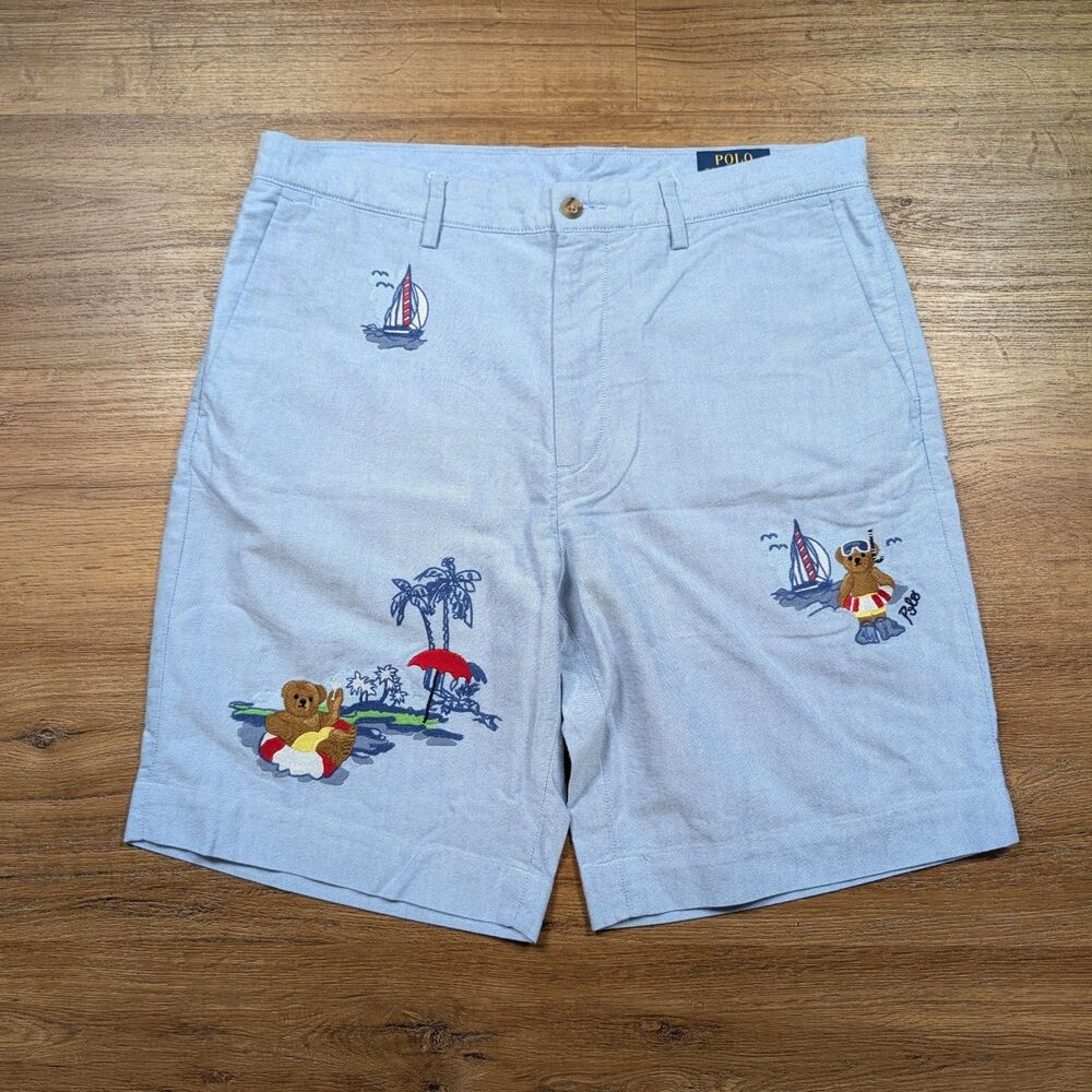 Polo Ralph Lauren Chino Shorts Mens 32 Blue Embroidered Polo Bear Sailboat Beach